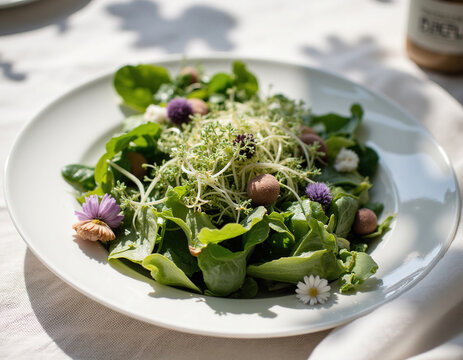 Fresh healthy green salad topped with microgreens and edible edible flowers on white plate, sunlight background