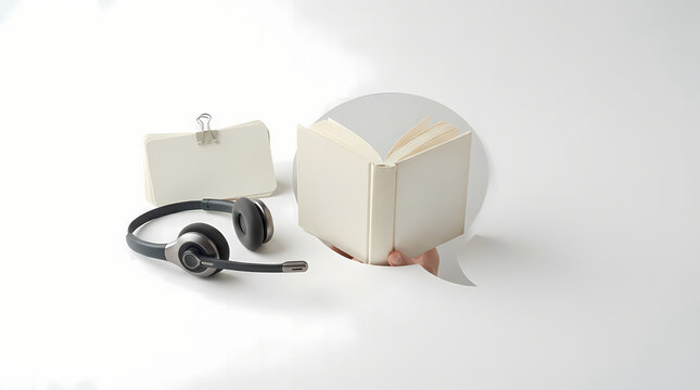 Open book with headphones and notepad inside a speech bubble cutout on white background