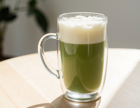 Matcha green tea latte with thick creamy milk foam in double wall glass cup on light wooden table