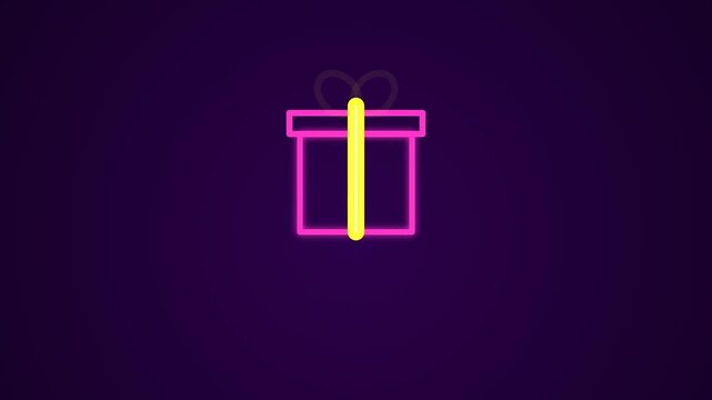 Neon pink gift box outline with yellow ribbon bow glowing on dark purple background