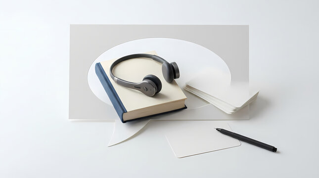 Headphones resting on closed book with notepad and pen on white surface