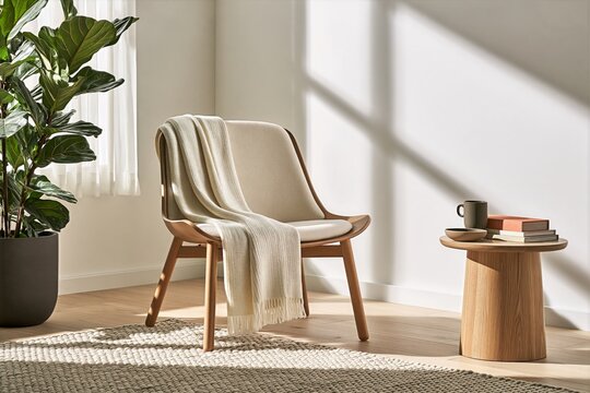 Calm Workplace Reset Corner with Low Chair, Blanket, Plant and Side Table