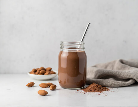 Chocolate smoothie in mason jar with straw, cocoa powder, and almonds on white table, healthy food concept