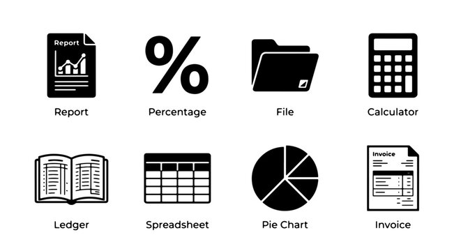 Financial Icons Set: Report, Percentage, File, Calculator, Ledger, Spreadsheet, Pie Chart, Invoice, Business Data Graphics
