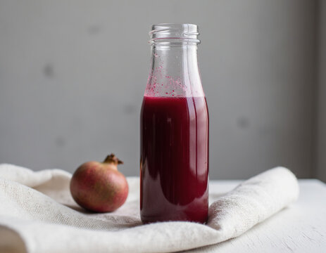 Organic red pomegranate beetroot juice in glass bottle with fresh fruit, healthy drink and detox concept