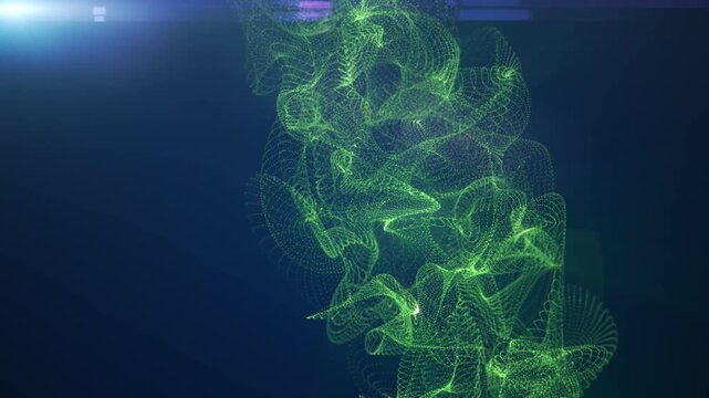 Abstract green particle mesh forming a complex flowing wave on a dark blue background, representing digital data, technology, networks, and futuristic visualization.