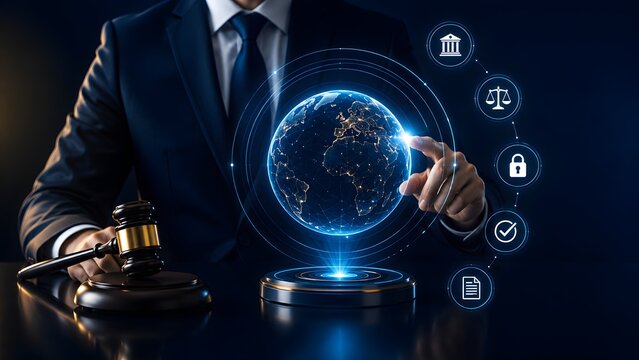 A legal expert engages with a holographic global network, highlighting international law, data privacy, and digital regulation in the modern world.