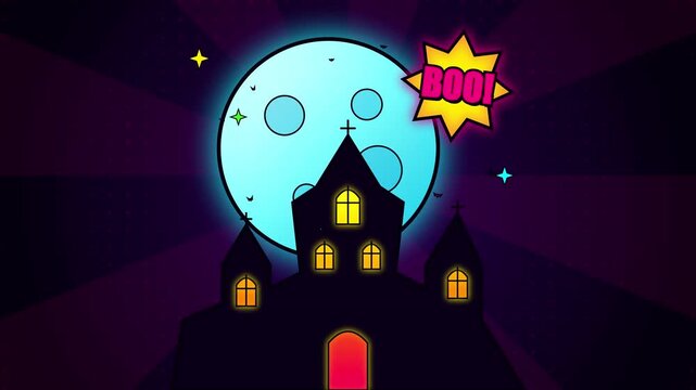Spooky Halloween castle silhouette illustration featuring glowing full moon background and colorful comic style BOO speech bubble for festive graphics