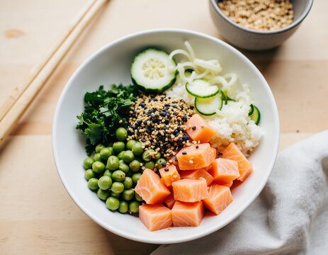 Fresh salmon poke bowl with rice, cucumber, green peas, kale, and sesame seeds, healthy Japanese Hawaiian fusion meal