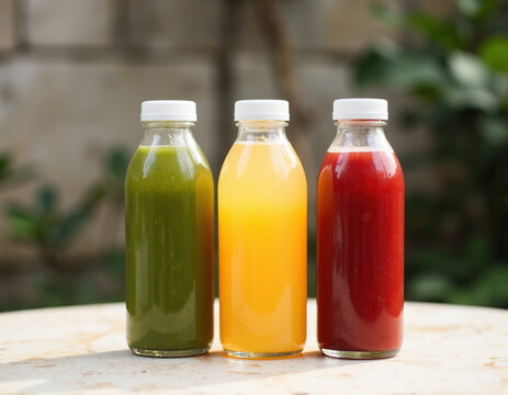 Three glass bottles of fresh cold pressed detox juices with green vegetable, orange citrus, and red berry flavors