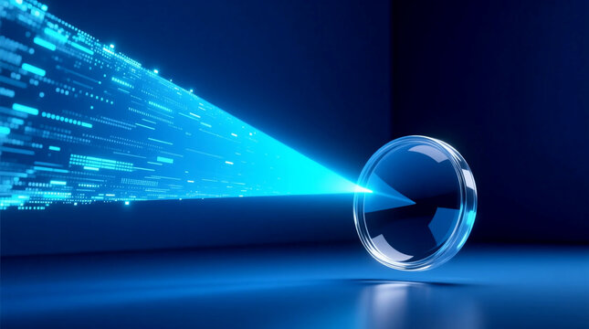 A glowing blue digital data stream representing social media algorithms enters circular glass lens in dark modern studio room, 3D illustration side view