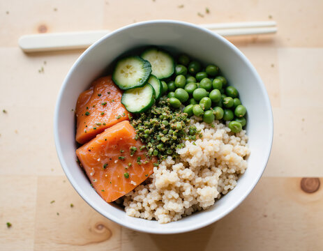 Salmon poke bowl with cooked rice, fresh salmon pieces, green peas, sliced cucumber, and pesto sauce in white bowl