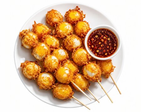 Crispy fried quail egg skewers served with a spicy chili dipping sauce