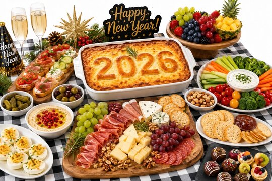 Delicious New Year 2026 dinner table with food and festive decorations