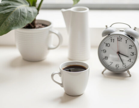White ceramic coffee mug with black coffee on desk and blurred wooden alarm clock in minimalist workspace setup