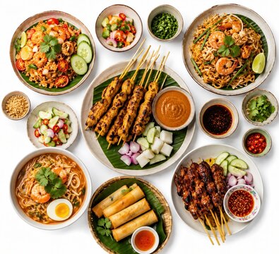 Top view of traditional Thai food spread on plates