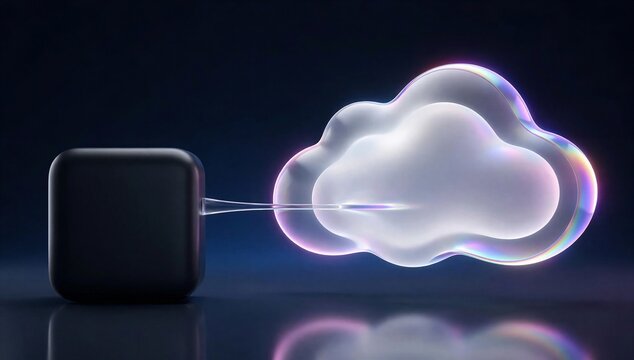 Glowing cloud icon linked to a dark cube, symbolizing cloud strategy v3, secure data transfer, migration, and digital infrastructure planning.