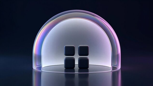Futuristic glass dome over server cube symbolizing secure data center, cloud infrastructure, and digital storage.