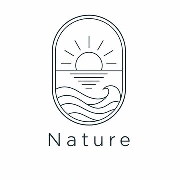 Minimalist nature logo icon with sun and ocean waves