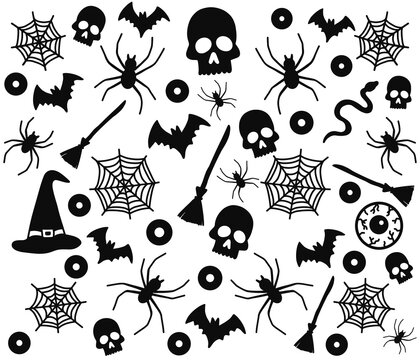 Spooky Halloween black silhouette pattern illustration, cute hand-drawn scary elements including skulls, bats, spiders, spider webs, witch hats, brooms, snakes, and eyeballs on a white background, fes