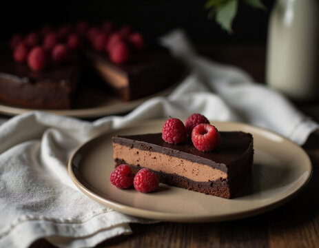 Slice of rich chocolate mousse cake topped with fresh raspberries on ceramic plate dark wooden background close up