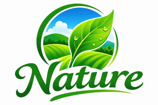 Nature logo design with green leaves and a farm landscape