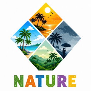 Pixel art nature icon showing four different landscapes and seasons