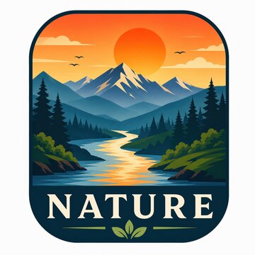 Pixel art nature landscape badge with mountains and river at sunset