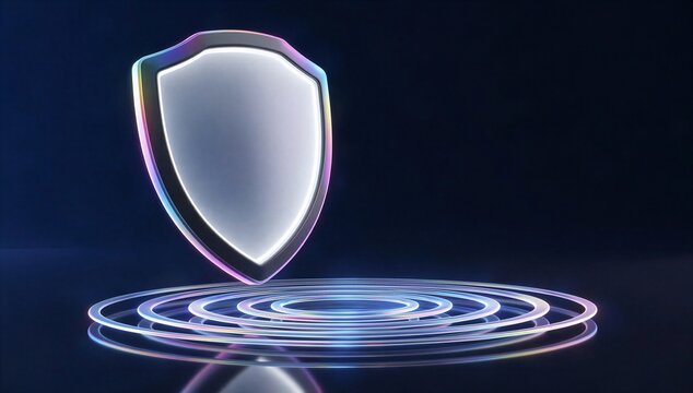 Glowing shield above digital rings symbolizes cloud hosting v3, secure server protection, data safety, and trusted online infrastructure.