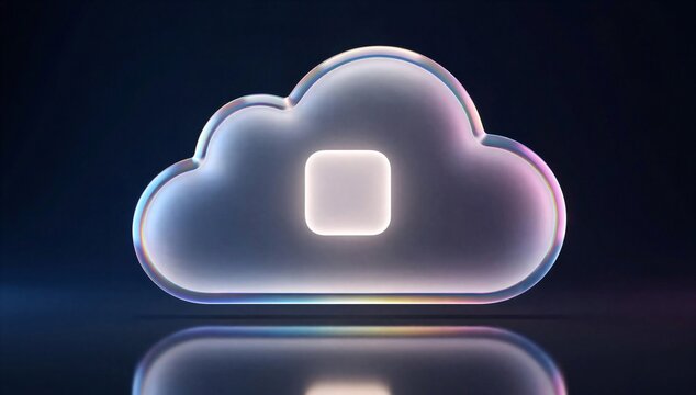 Glowing cloud icon with a central square and reflection, symbolizing secure data recovery, cloud backup, and file restore.