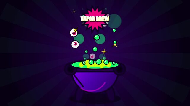 Cartoon illustration of a magic cauldron brewing a bubbling potion with floating eyeballs and sparkling stars, ideal for whimsical fantasy or spooky Halloween visuals