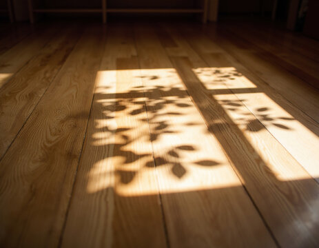 Leaves Shadow and Sunlight Overlay on Wooden Floor Background