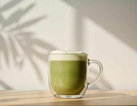 Hot Matcha Green Tea Latte in Glass Cup with Tropical Leaf Shadow Background