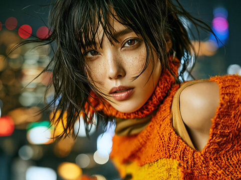 A captivating close-up portrait of a young East Asian woman with freckled skin and windswept short dark hair strands falling across her face, her intense dark eyes gazing directly at the viewer