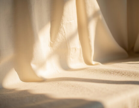 Soft Linen Fabric Curtain Texture with Sunlight and Shadow Overlay Background