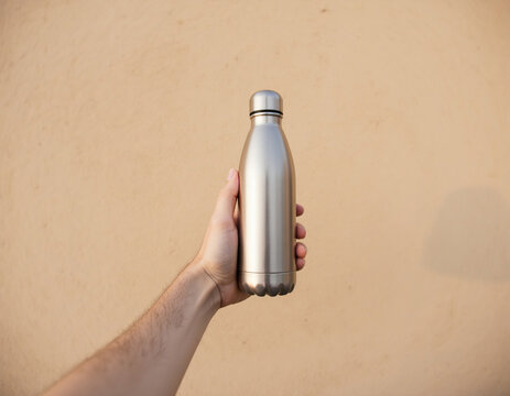 Man Hand Holding Silver Stainless Steel Reusable Water Bottle Background