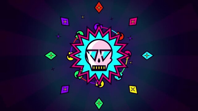 Vibrant neon skull vector illustration with geometric elements starburst frame and colorful radial background for gaming and punk designs