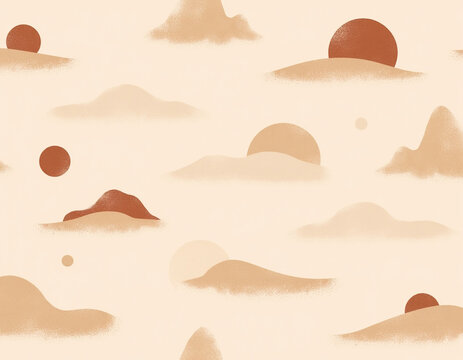 Minimalist abstract mountain landscape seamless pattern with sun and cloud elements in warm neutral tones