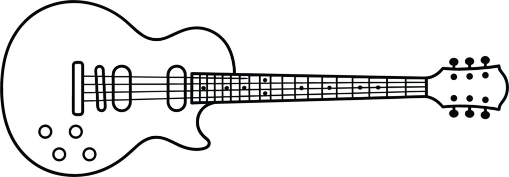 Minimal electric guitar line art featuring a classic six-string instrument with outlined body, fretboard, pickups, bridge, and tuning pegs