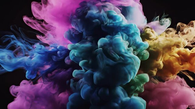 Colorful smoke plumes expanding in cinematic slow motion against a dark studio background