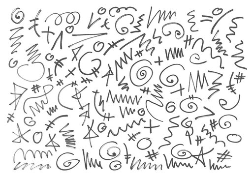Grunge scribble shapes, spiral, circle, ellipse, lines, black marker isolated on white background, design element