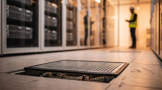 Raised floor access panel with network cabling inside a modern secure server data center