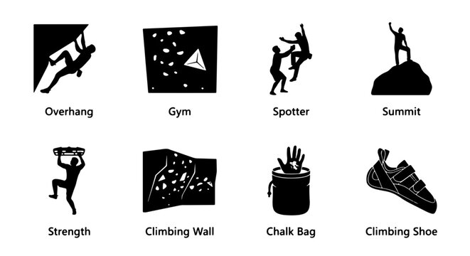 Climbing Icons Set: Bouldering, Summit, Chalk Bag, Climbing Shoe, Overhang, Gym, Spotter, Strength, Climbing Wall Vector Graphics