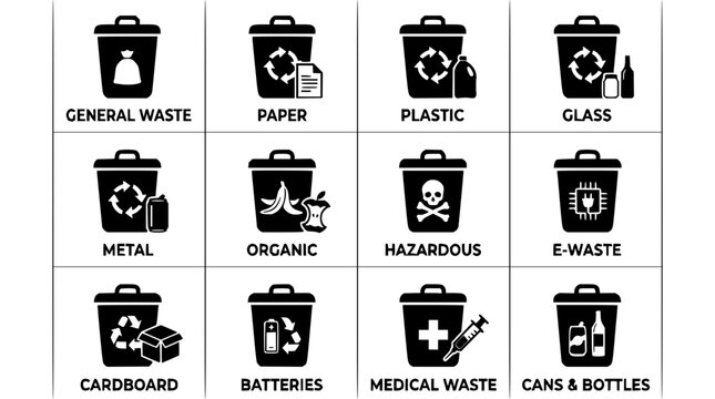 Waste bin set with monochrome icons featuring general waste, paper, plastic with glass, metal and organic waste