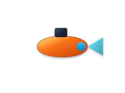 A minimalist orange submarine illustration with a blue tail and porthole