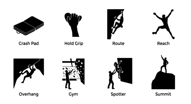 Rock Climbing Icons Set: Crash Pad, Hold Grip, Route, Reach, Overhang, Gym, Spotter, Summit, Vector Graphics for Outdoor Adventure and Sports