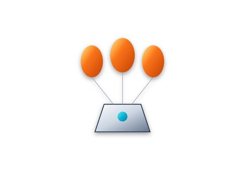 Minimalist illustration of a grey trapezoid base with three balloons