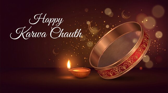 Glowing diya and traditional sieve are placed on a dark background for Karwa Chauth ritual.