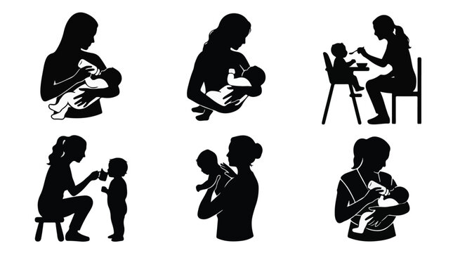A set of six motherhood and babycare silhouette vector icon illustration on a white background
