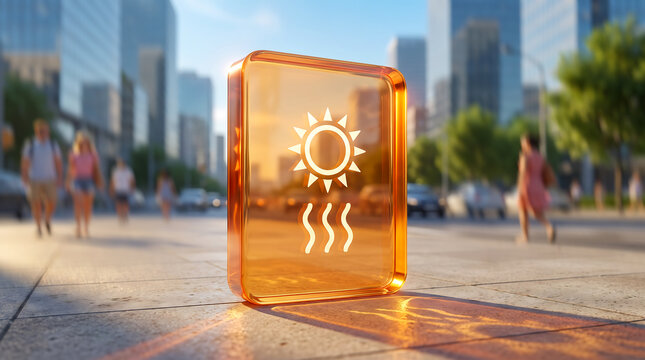 Translucent amber glass heatwave warning sign on sunny city sidewalk. Concept for extreme hot weather, climate change, high temperature advisory, global warming, and urban heat wave danger alert.